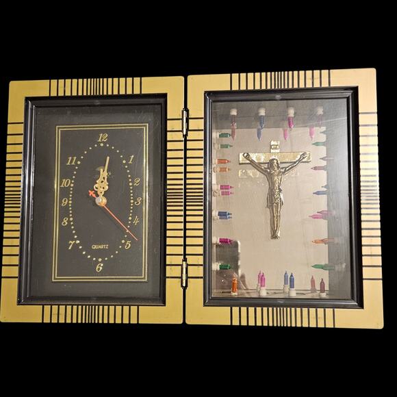Vintage CHU-DA Co. Light-Up Crucifix & Quartz Clock Folding Shrine Taiwan 1980s - Picture 1 of 11